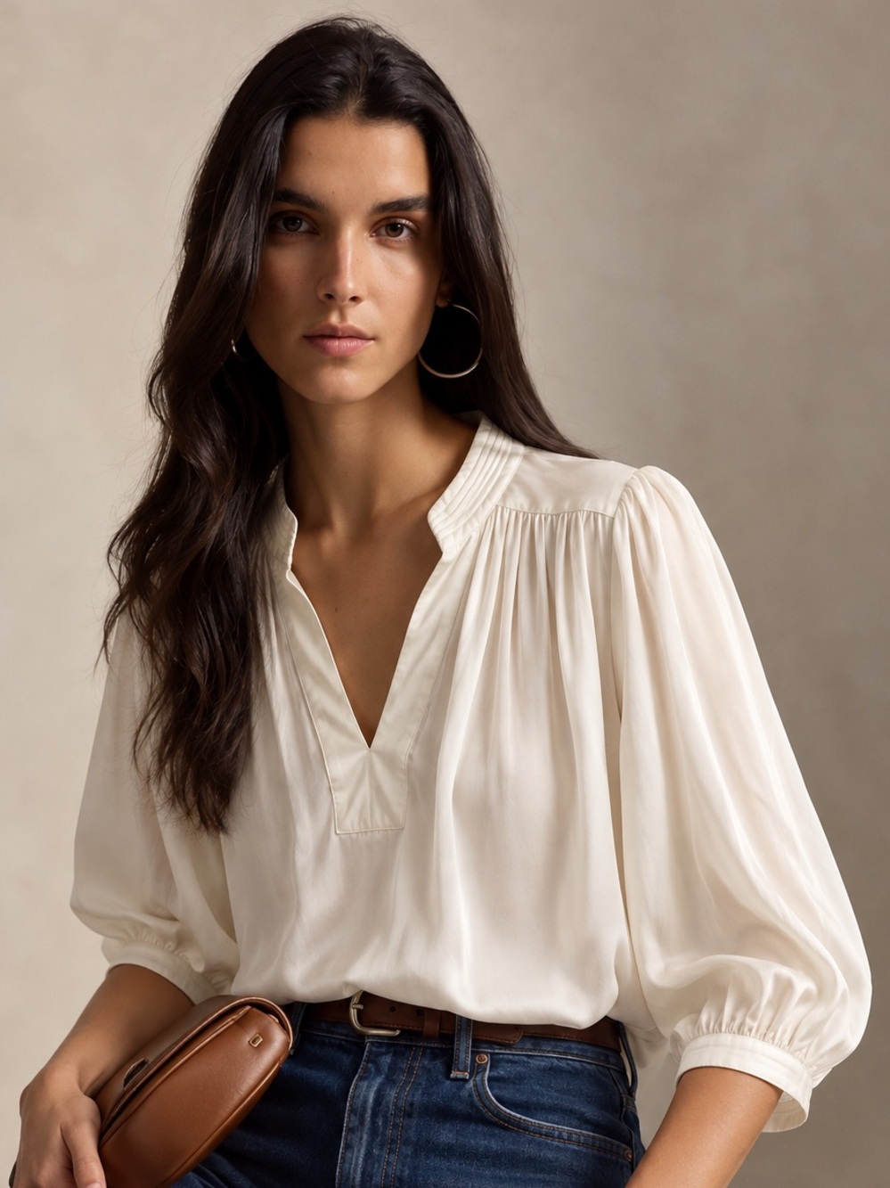 FRAME 100% Silk Ivory Blouse Puff Sleeve Gathered Yoke Size M